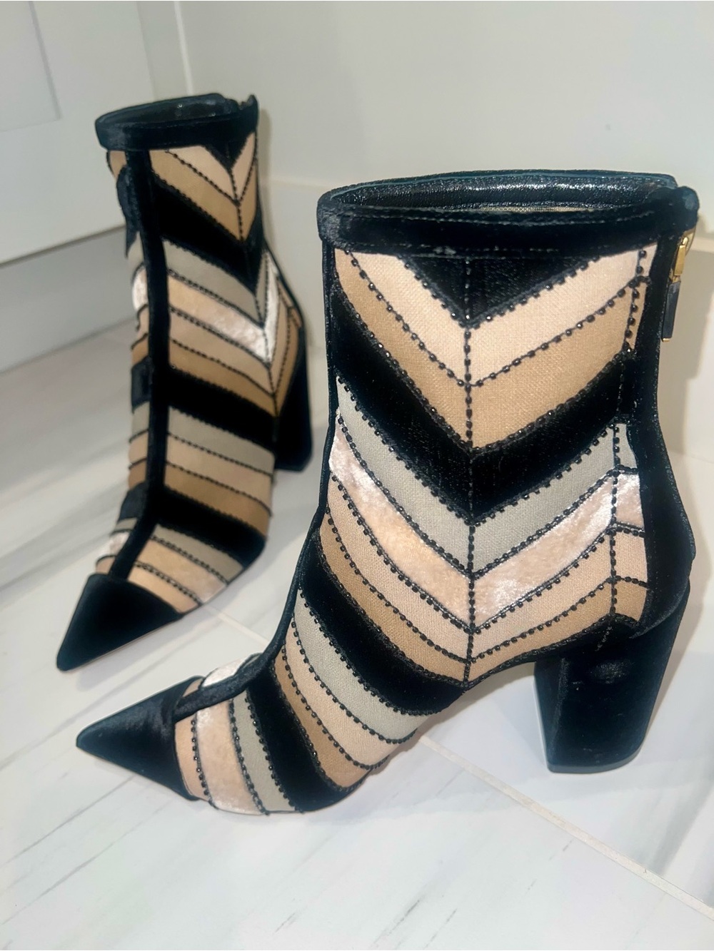 CHRISTIAN DIOR  Chevron Pointed Toe Ankle Boots in Black & Beige Velvet-LIKE NEW